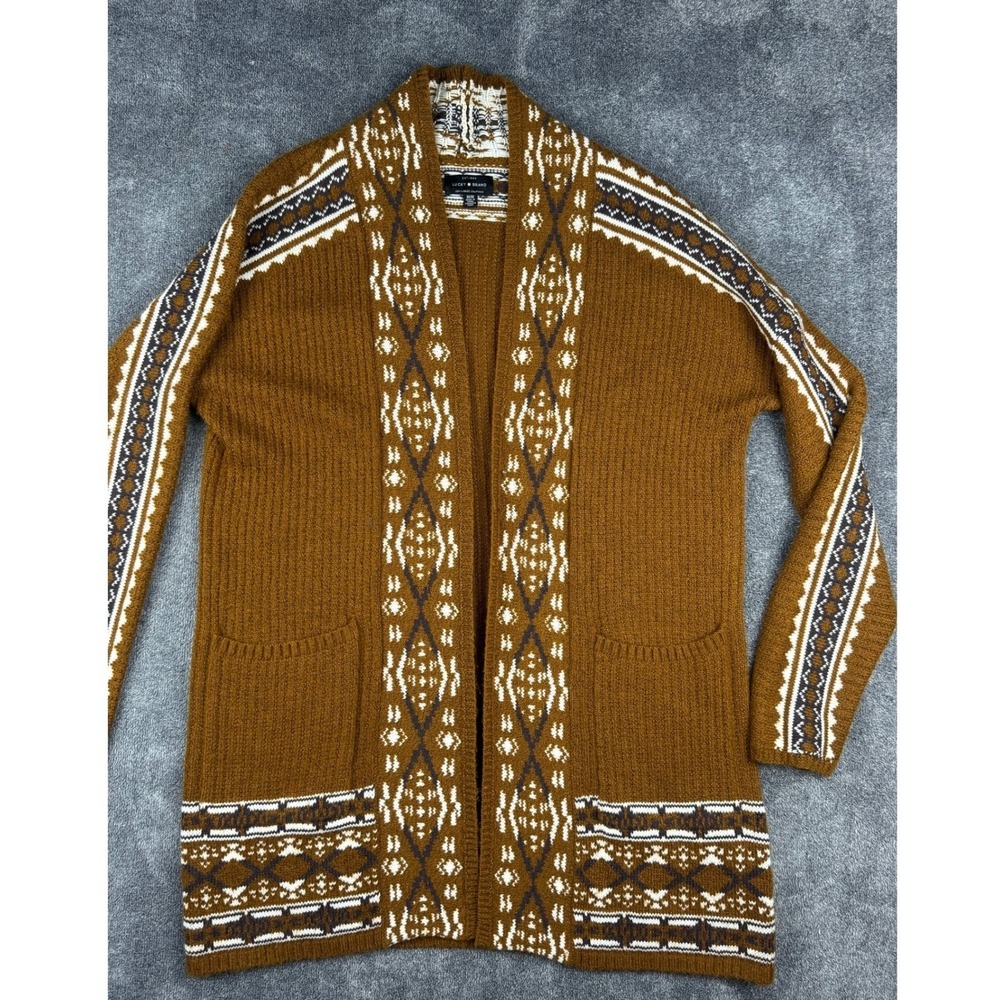 Lucky Brand Mens Brown Southwestern Geometric Open Front Cardigan Sweater Medium - Picture 5 of 15